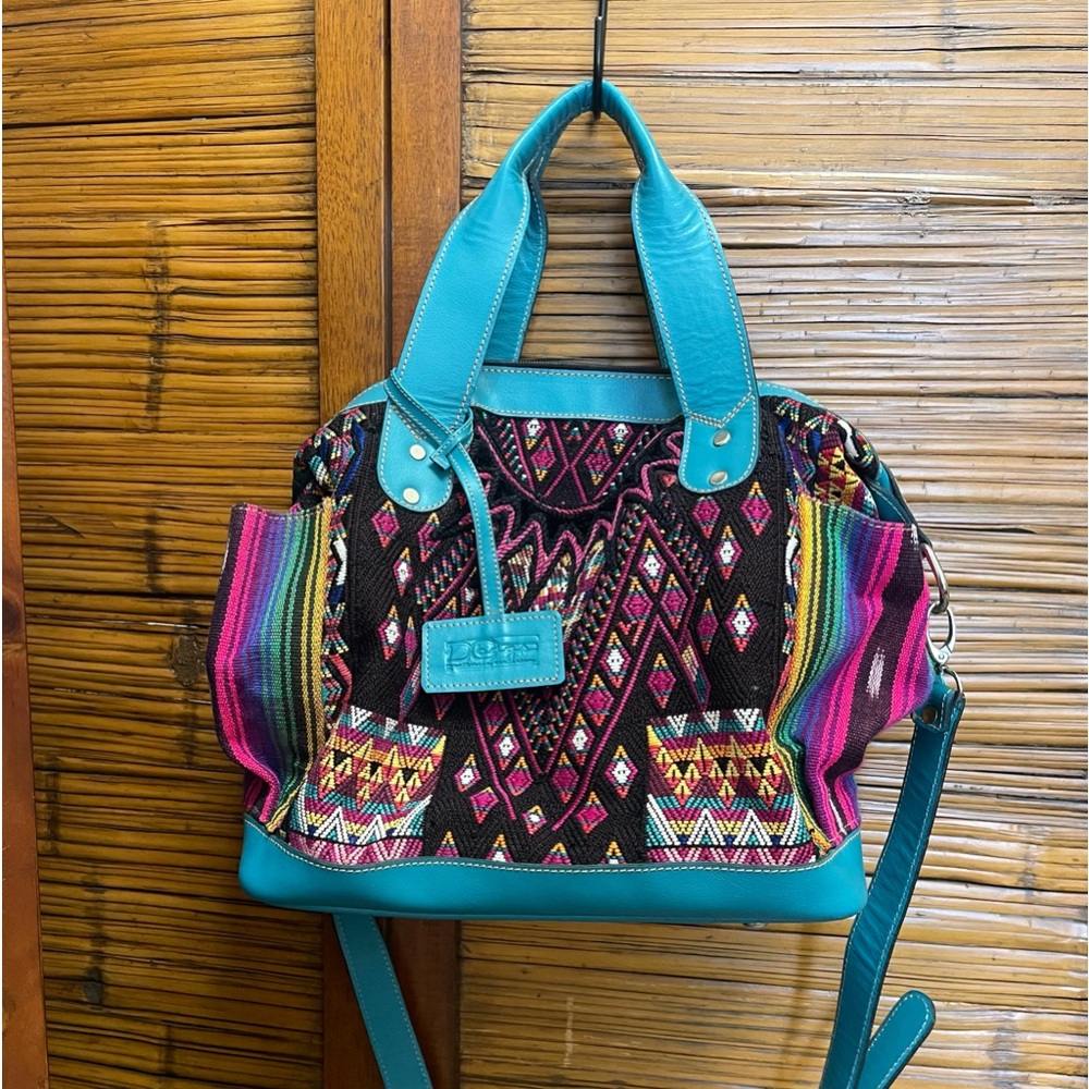 Gorgeous DC Guatemalan handmade handbag teal leather with colorful huipil. purse